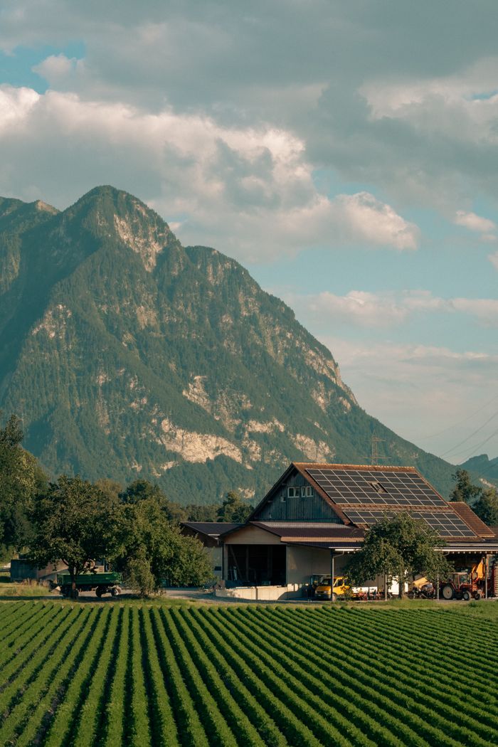 services-05 Captivating view of a solar-powered barn amidst lush Swiss fields and alpine mountains.